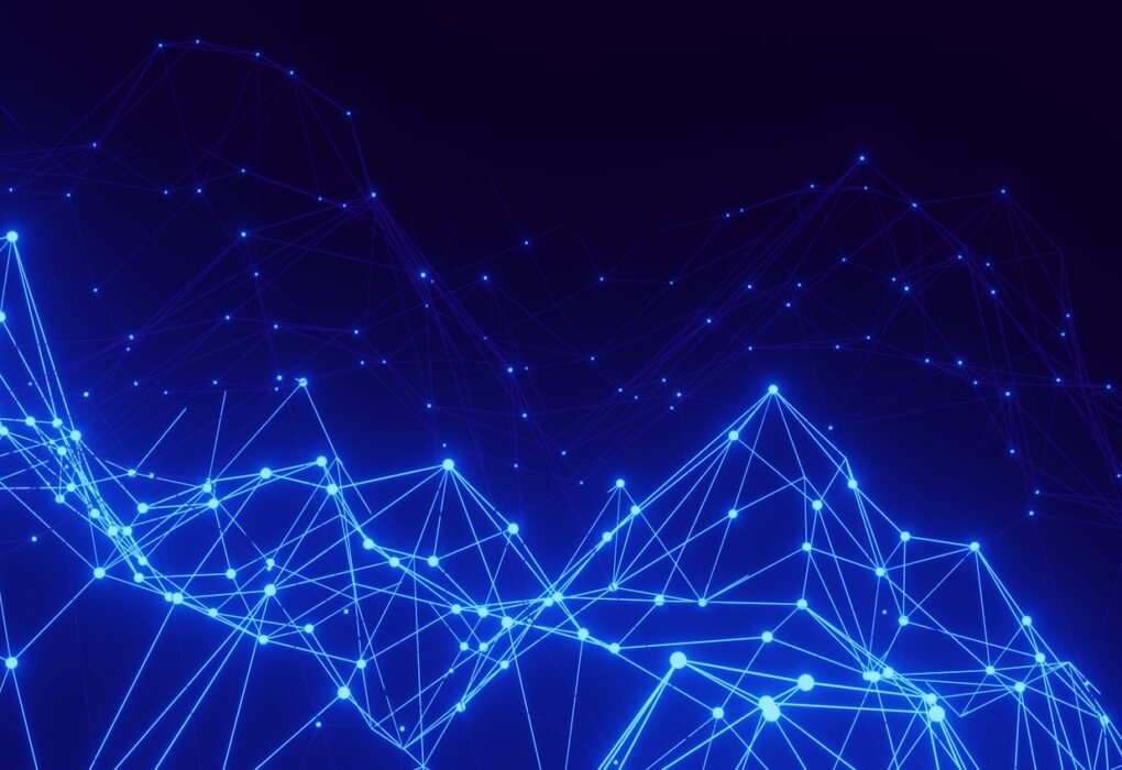 Abstract blue network of connected lines and dots symbolizing algorithms