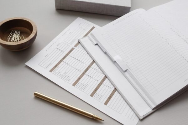 Budget planner with sheets and a gold pen