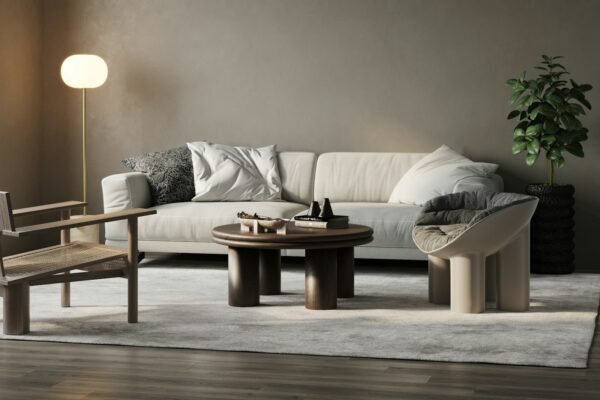 Living room with couch and chair thoughtfully arranged